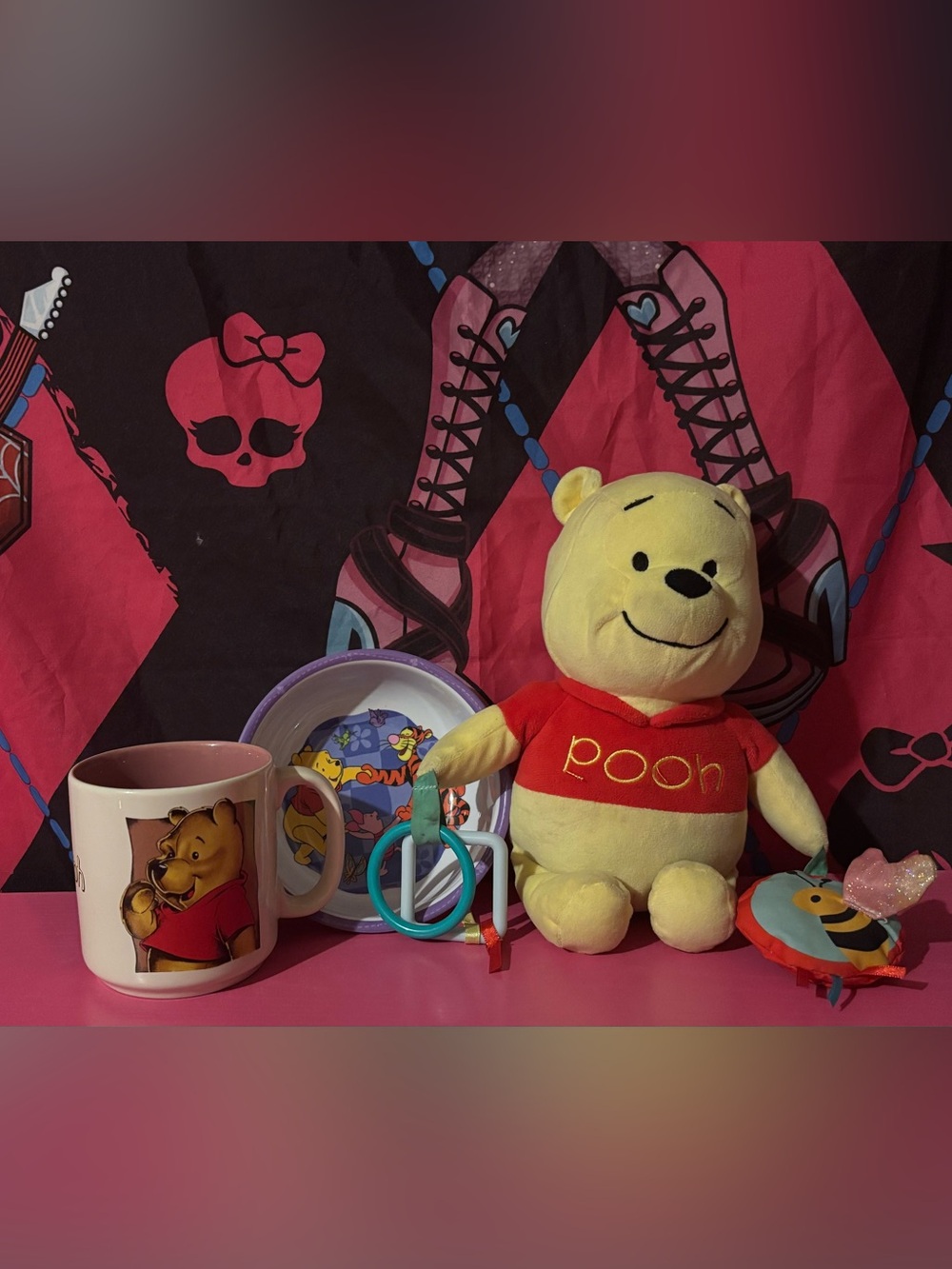 Disney Winnie the Pooh Yellow Plush with Pink and Purple Tableware Bundle